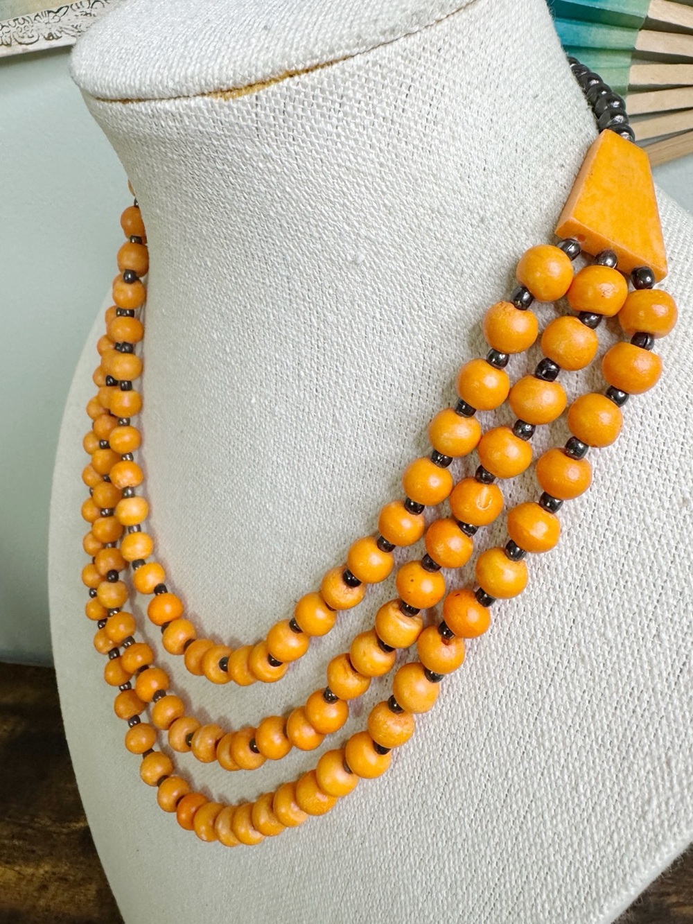 Vintage Orange Multi-Strand Wooden Bead Necklace